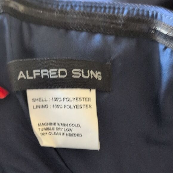 NWT Alfred Sung Off-The-shoulder Cuff Trumpet  Gown Slit Midnight Navy Blue 12 - Picture 6 of 13